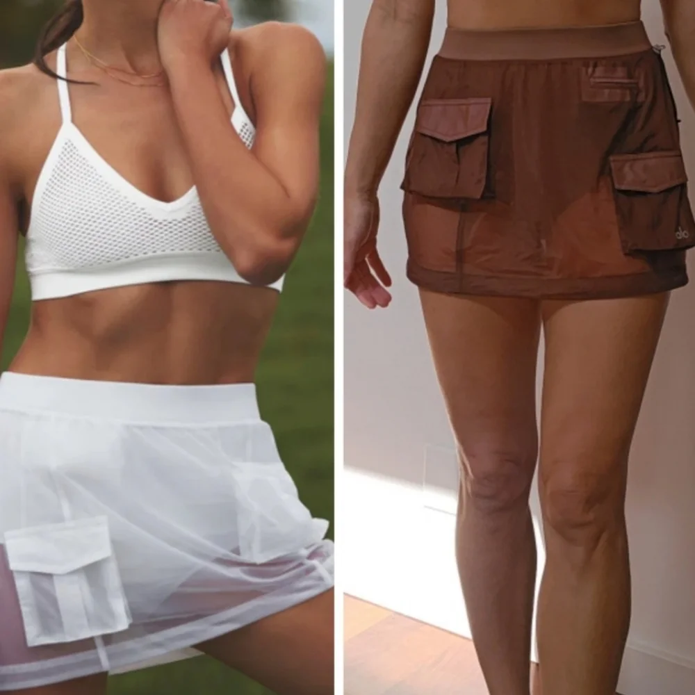 nwot Alo yoga sheer effusion cargo pocket lined active mini skirt S